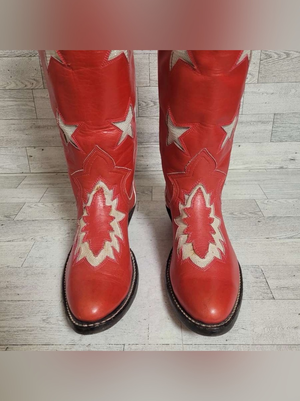 Women’s Custom Red Leather Star Inlay Patriotic Tall Rodeo Cowboy Boots Size 6 - Picture 3 of 14